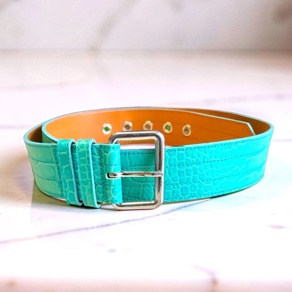 OLSEN 100% Leather Turquoise Crocodile Print Wide Statement Belt 90 cm/32 inches